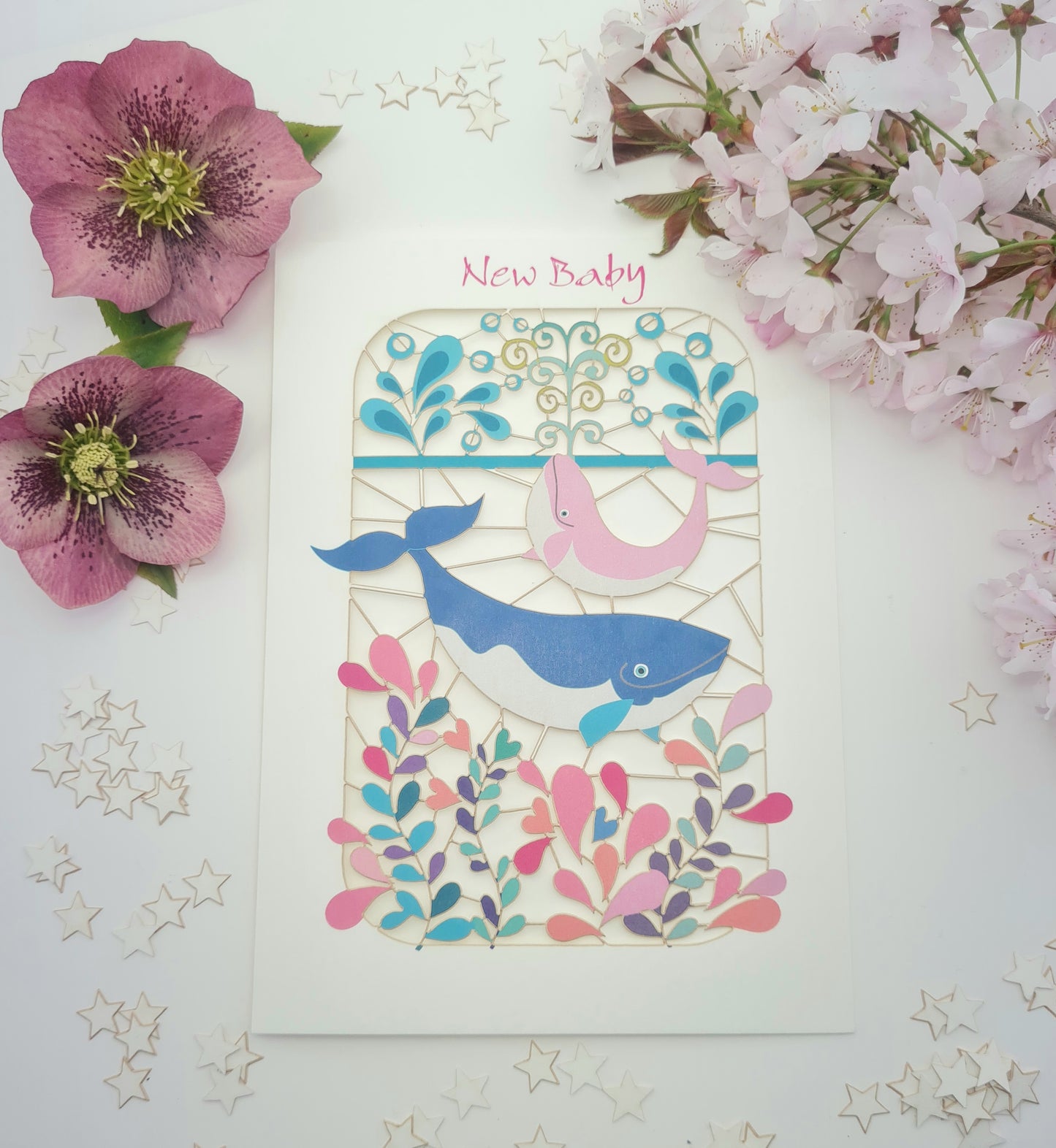 ''New Baby'' Card, Baby Girl, - Whales - PM227
