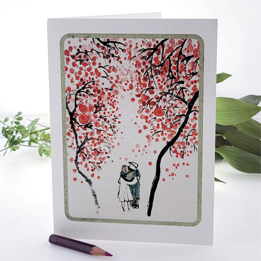 Loving Couple Card - Blank - Cherry Blossom Tree Card - D09