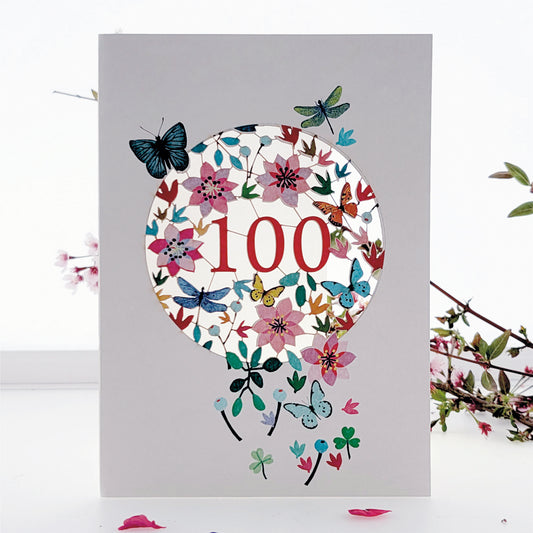 Age 100 Birthday Card, 100th Birthday Card, Butterflies & Dragonflies Card - F100