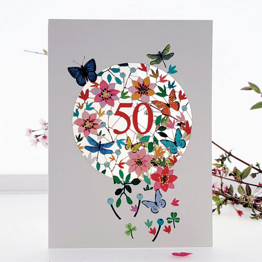 Age 50 Birthday Card, 50th Birthday Card, Butterflies & Dragonflies Card - F050