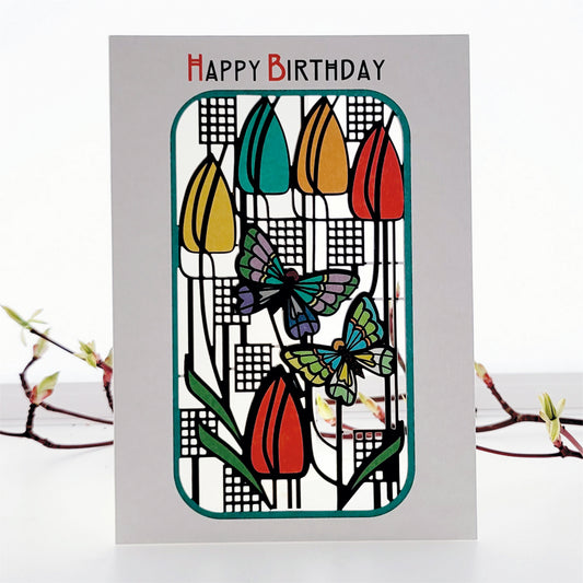 Tulip & Butterflies Card - ''Happy Birthday'' - Charles Rennie Mackintosh Style Card - Happy Birthday #MC014