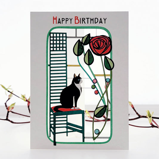 Cat & Rose - ''Happy Birthday'' - Charles Rennie Mackintosh Style Card - #MC015