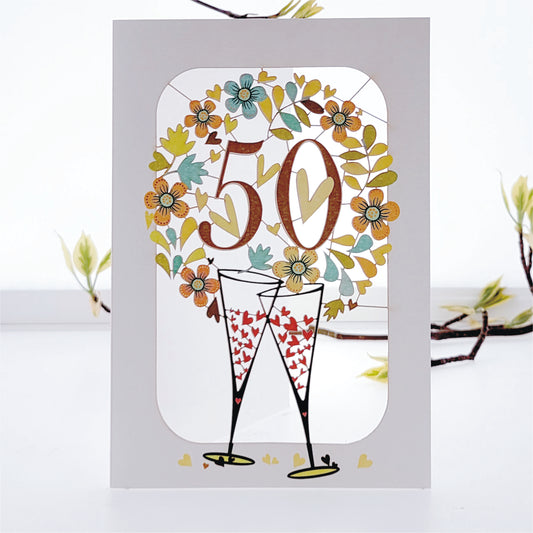 ''50'' - Champagne Glasses - 50th Gold Anniversary Card, #PM-288