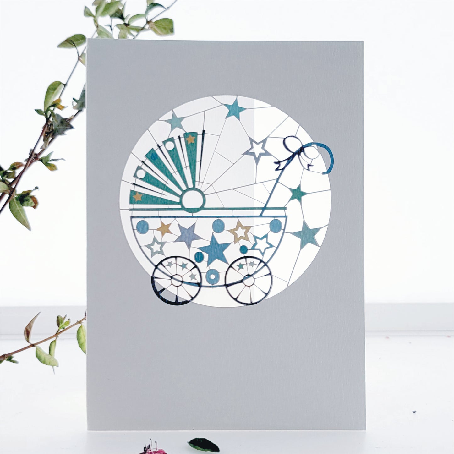 ''New Baby'' Card, Blue Pram - Blank Card - PM696