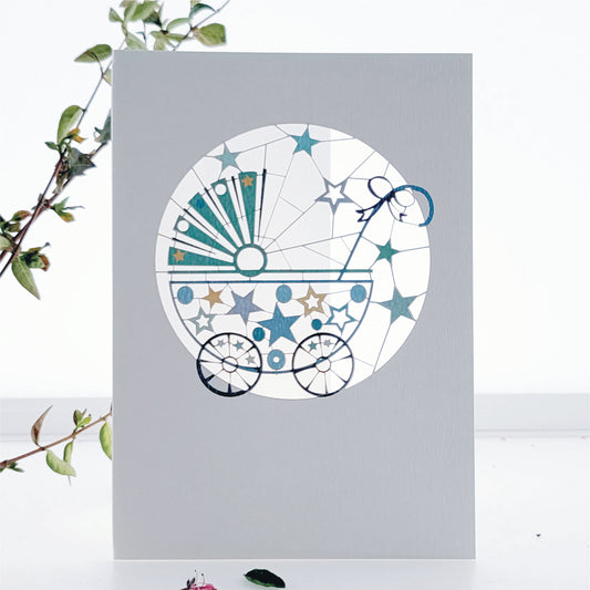 ''New Baby'' Card, Blue Pram - Blank Card - PM696