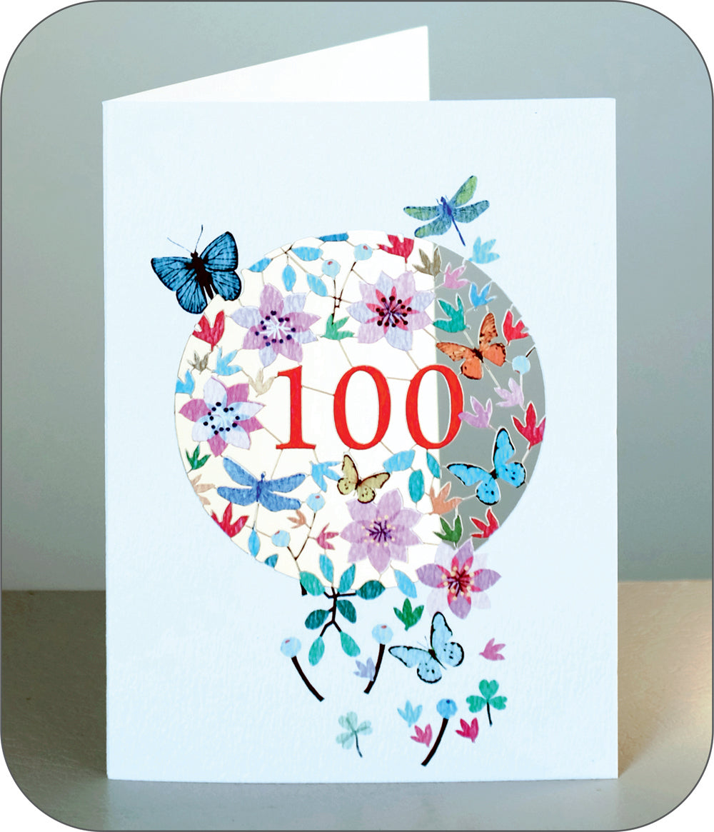 Age 100 Birthday Card, 100th Birthday Card, Butterflies & Dragonflies Card - F100