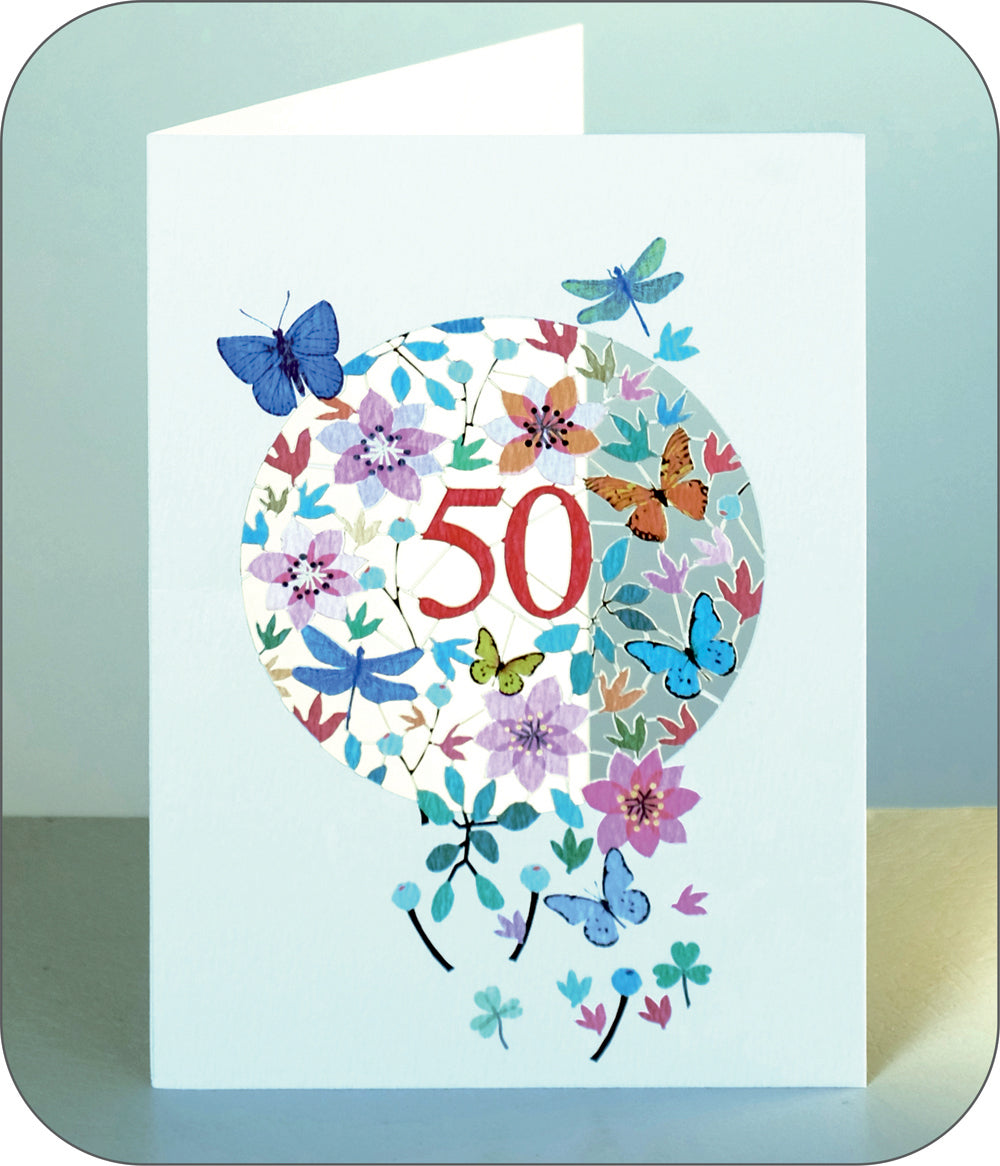 Age 50 Birthday Card, 50th Birthday Card, Butterflies & Dragonflies Card - F050
