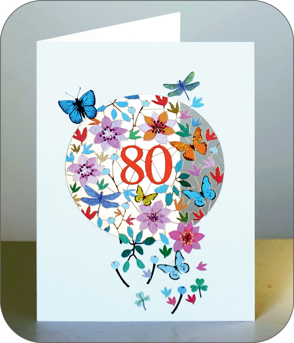 Age 80 Birthday Card, 80th Birthday Card, Butterflies & Dragonflies Card - F080
