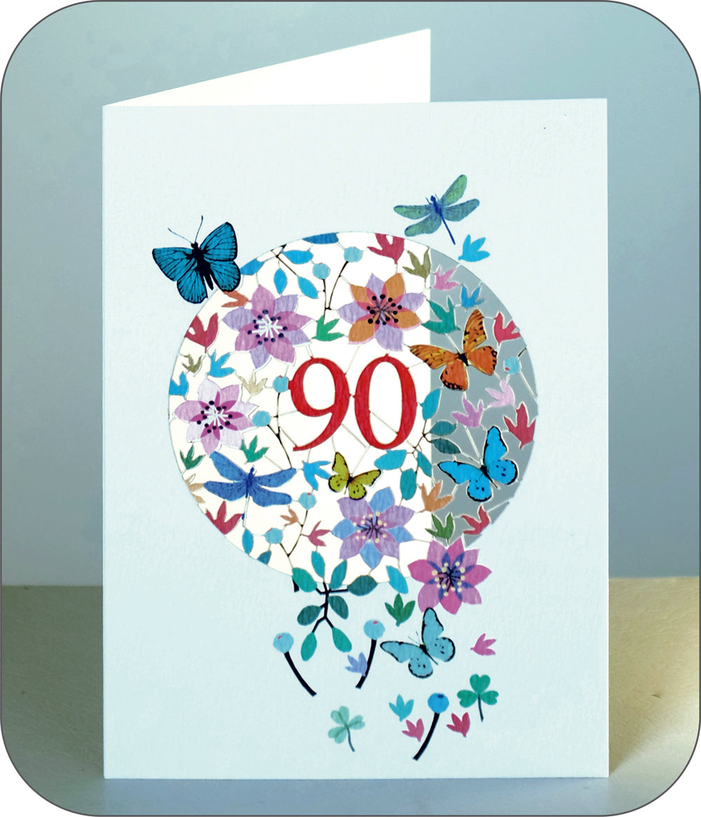 Age 90 Birthday Card, 90th Birthday Card, Butterflies & Dragonflies Card - F090