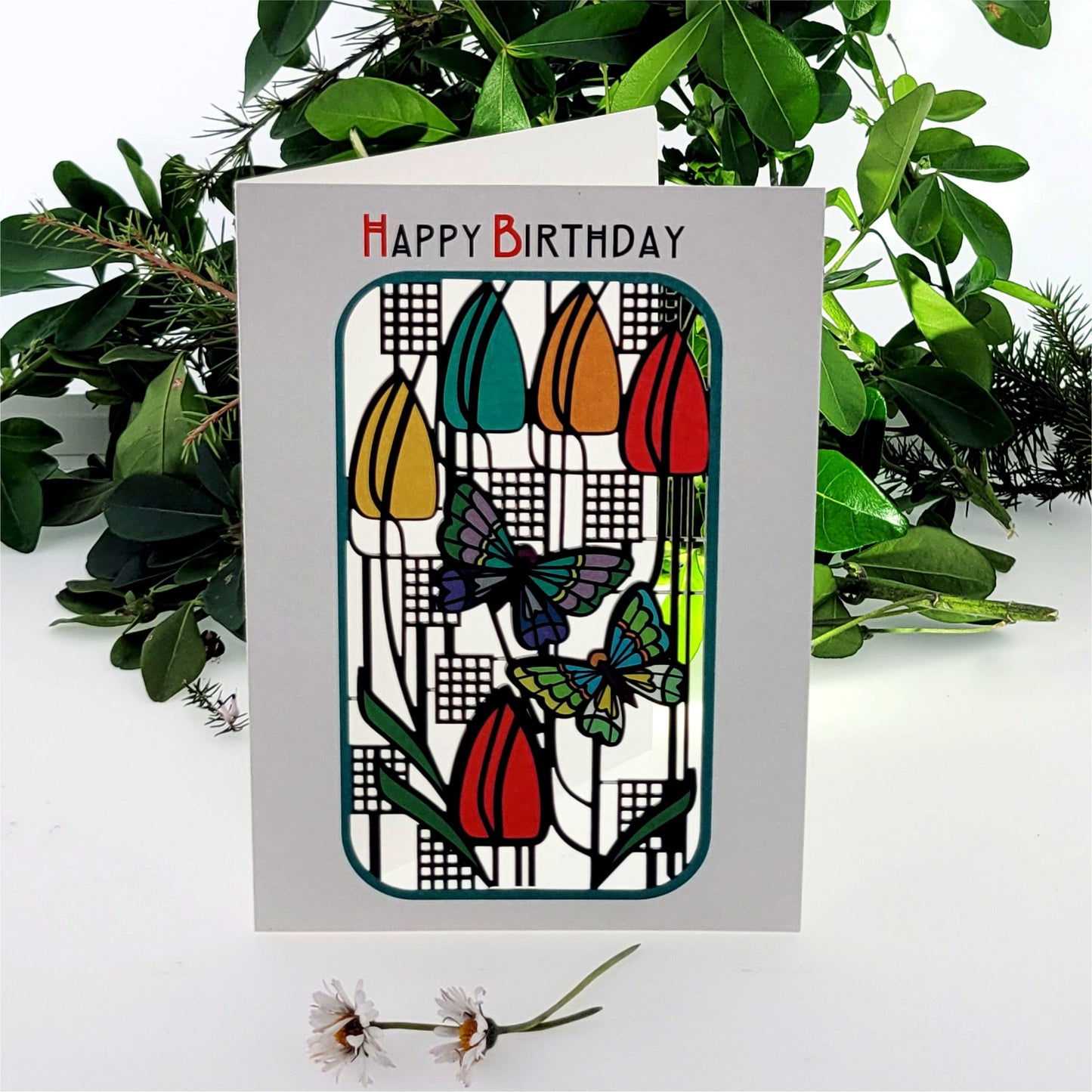 Tulip & Butterflies Card - ''Happy Birthday'' - Charles Rennie Mackintosh Style Card - Happy Birthday #MC014