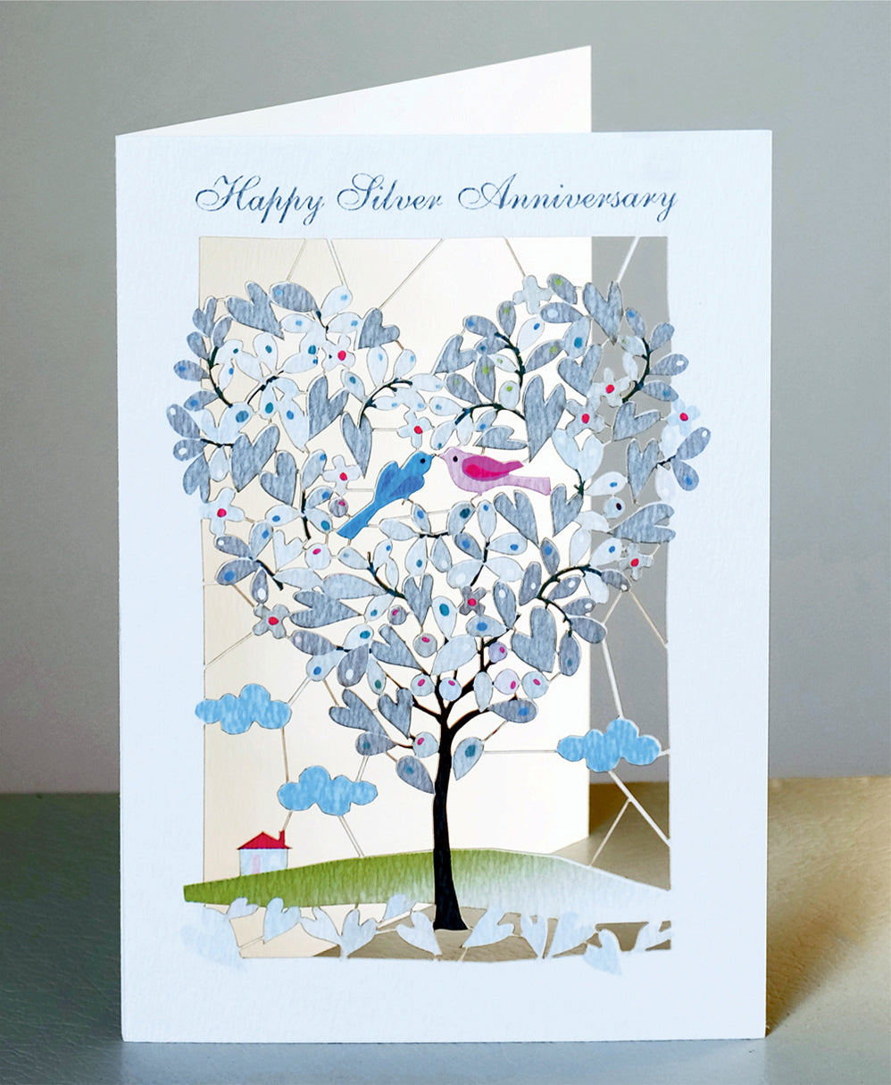 ''Happy Silver Anniversary'' - Love Birds in Tree - 25th Anniversary Card, #PM-109
