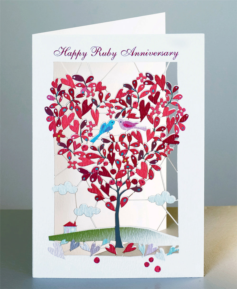 ''Happy Ruby Anniversary'' - Love Birds in Tree - 40th Anniversary Card, #PM-110