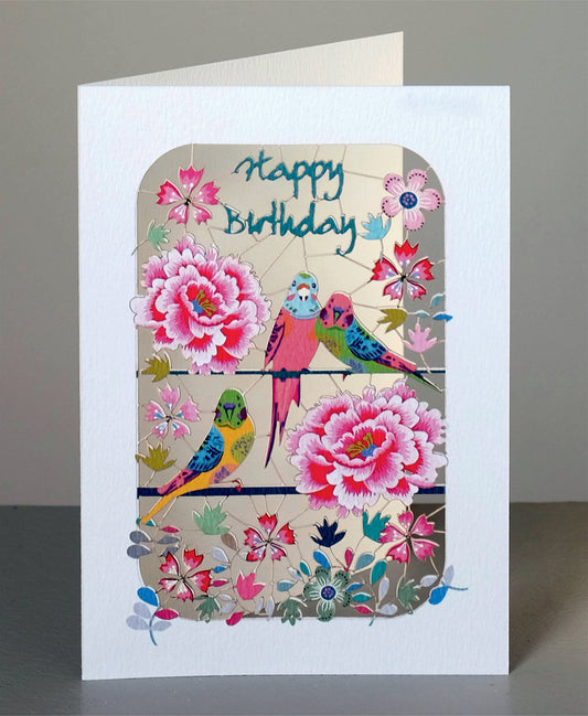 Budgies & Peonies - ''Happy Birthday'' - Birthday Card - PM252