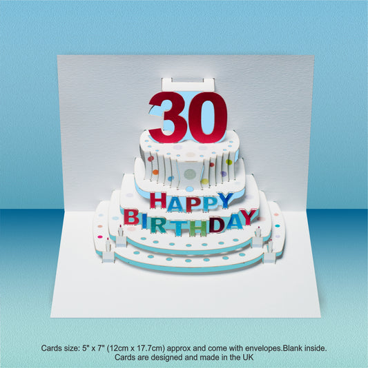 Age 30 Birthday Card - White- 30th Birthday Card, Cake Birthday Card, Pop Up Card. #POP-045 (AGE30)