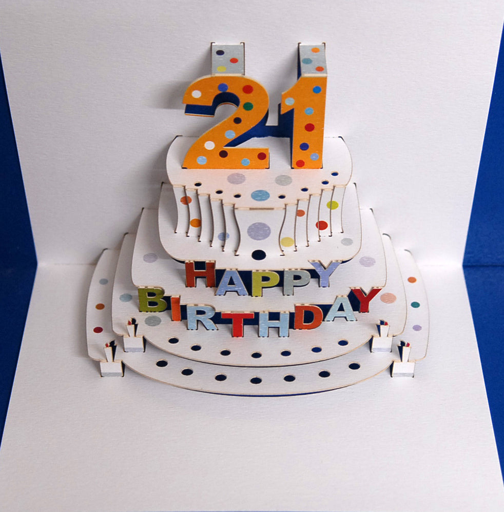 Age 21 Birthday Card -White - 21st Birthday Card, Cake Birthday Card, Pop Up Card. #POP-006 (AGE21)