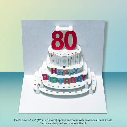 Age 80 Birthday Card, 80th Birthday Card, Cake Birthday Card, Pop Up Card. #POP-051 (AGE80)