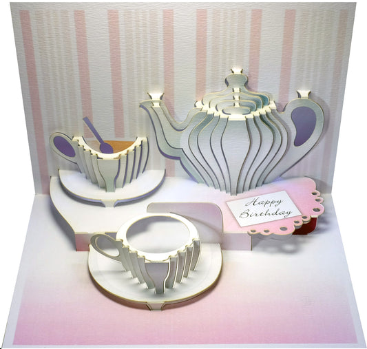 Pop Up -''Happy Birthday'' - Tea Set - 3d Card, Birthday Card, Pop Up Card - Pink and Green - #POP-098