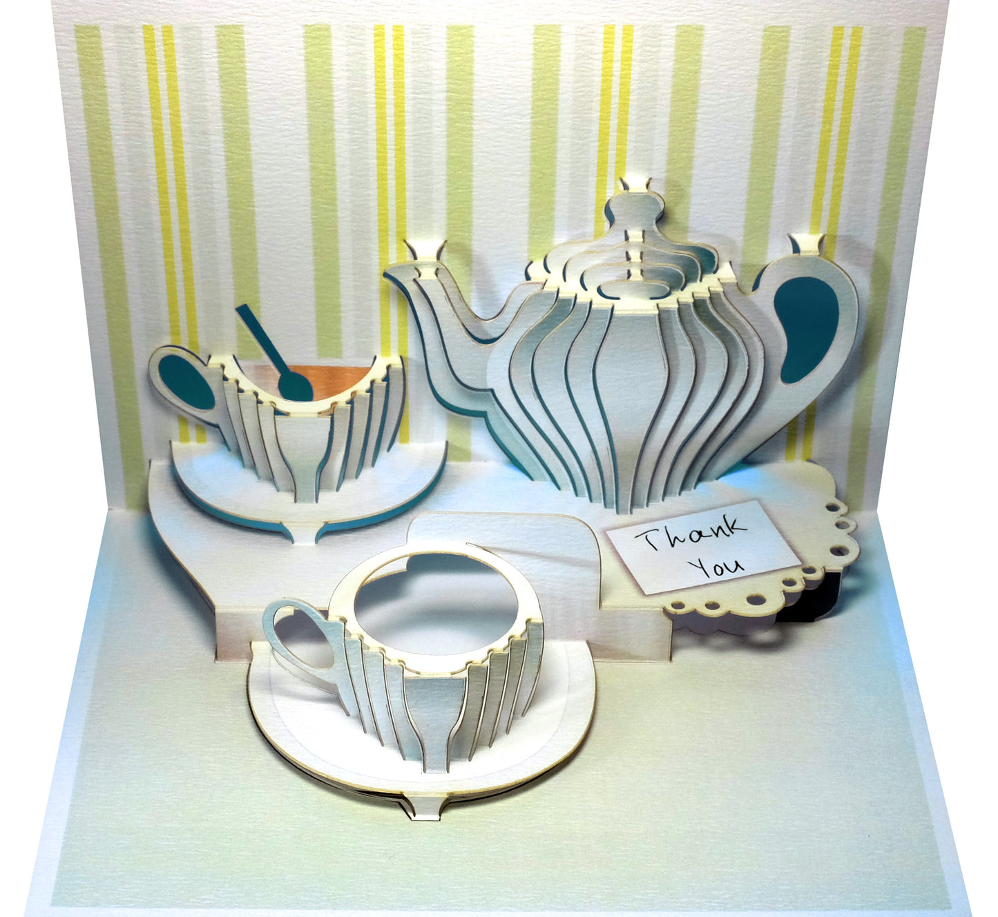 Pop Up - ''Thank You'' - Tea Set - Green and Yellow - 3d Card, Thank You Card, Pop Up Card - #POP-099
