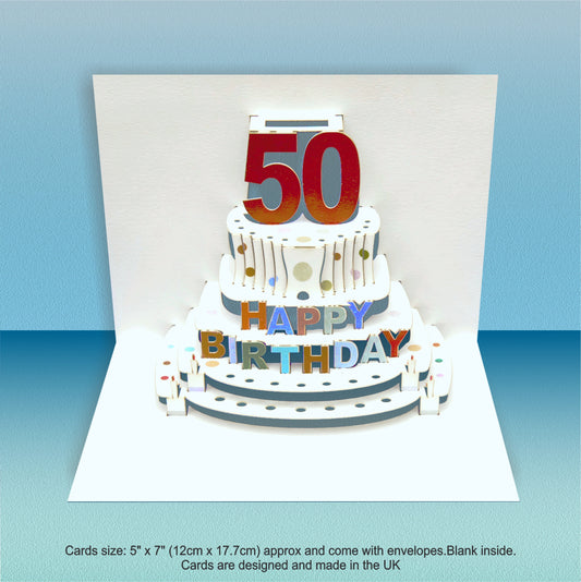 Age 50 Birthday Card - White - 50th Birthday Card, Cake Birthday Card, Pop Up Card. #POP047 (AGE50)