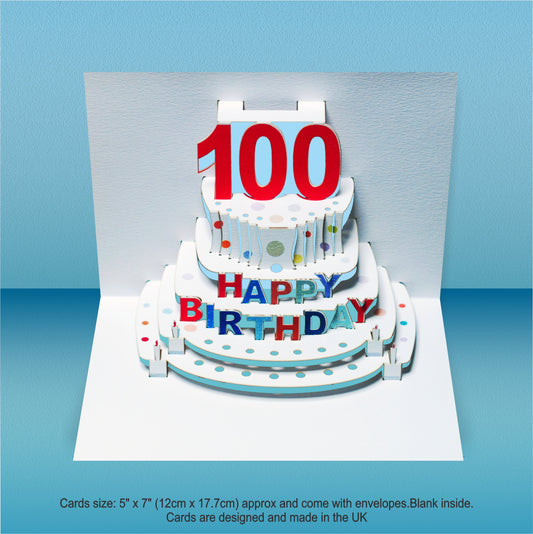Age 100 Birthday Card, 100th Birthday Card, Cake Birthday Card, Pop Up Card. #POP-053 (AGE100)