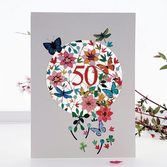 Age 50 Birthday Card, 50th Birthday Card,  Butterflies & Dragonflies Card - F050
