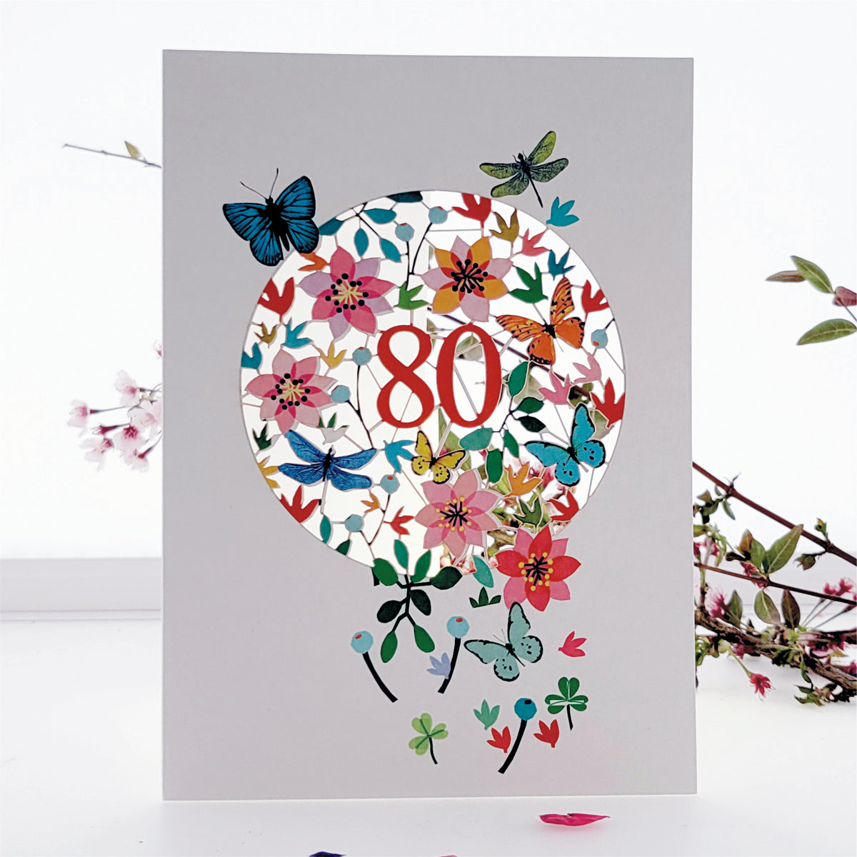 Age 80 Birthday Card, 80th Birthday Card,  Butterflies & Dragonflies Card - F080