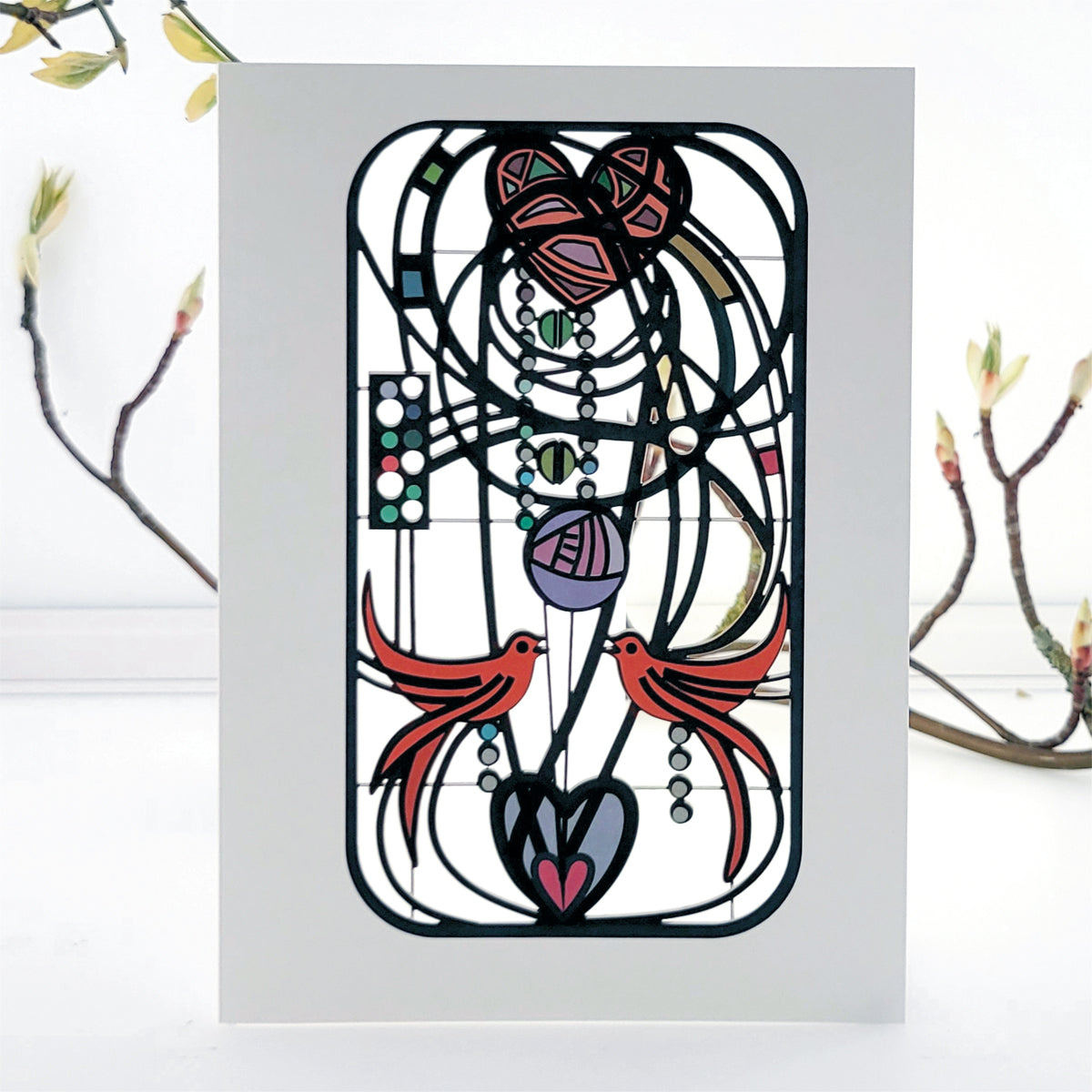 Birds and Hearts - Blank - Charles Rennie Mackintosh Style Card #MC009