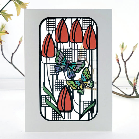 Butterflies and Tulips - Blank - Charles Rennie Mackintosh Style Card #MC013