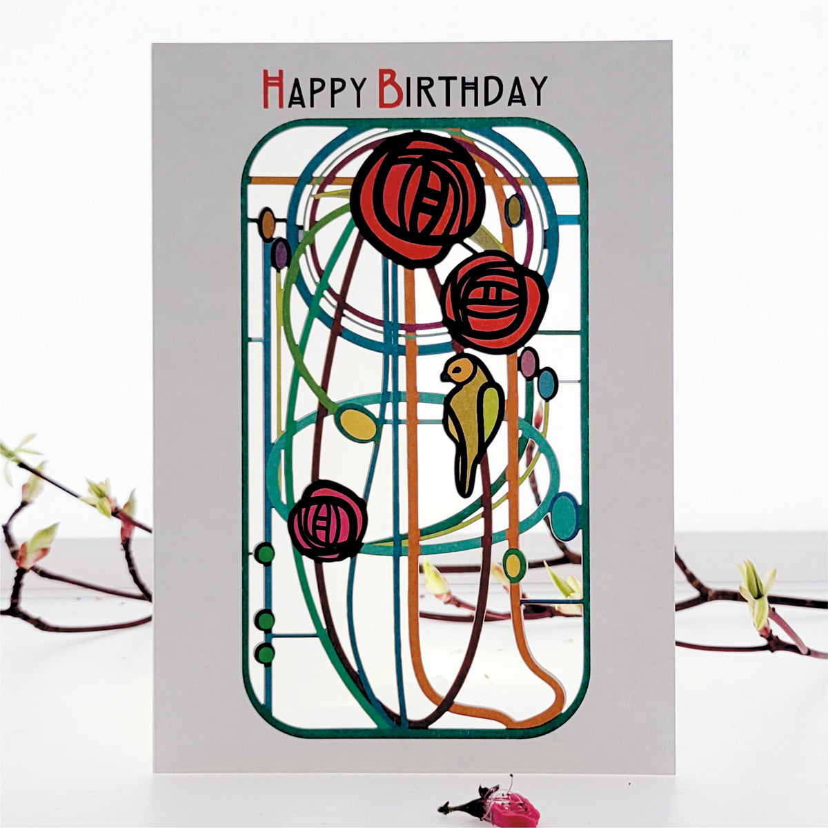 Parrot and Roses Card - ''Happy Birthday'' - Charles Rennie Mackintosh Style Card #MC017