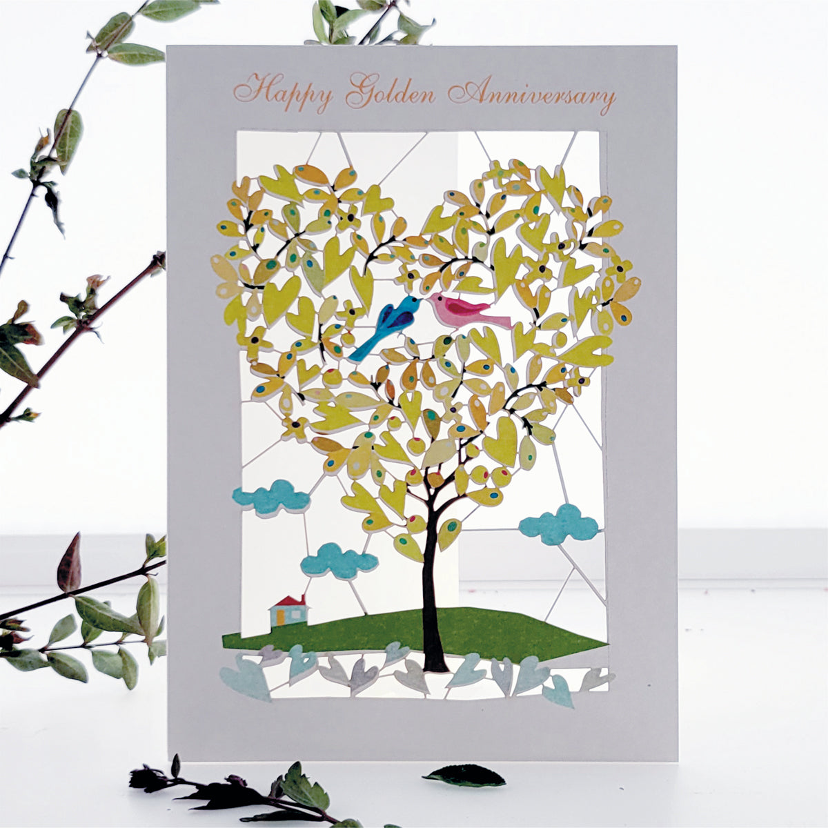 ''Happy Golden Anniversary'' - Love Birds in Tree - 50th Anniversary Card, #PM-108