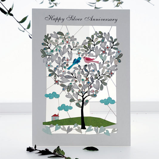 ''Happy Silver Anniversary'' - Love Birds in Tree - 25th Anniversary Card, #PM-109