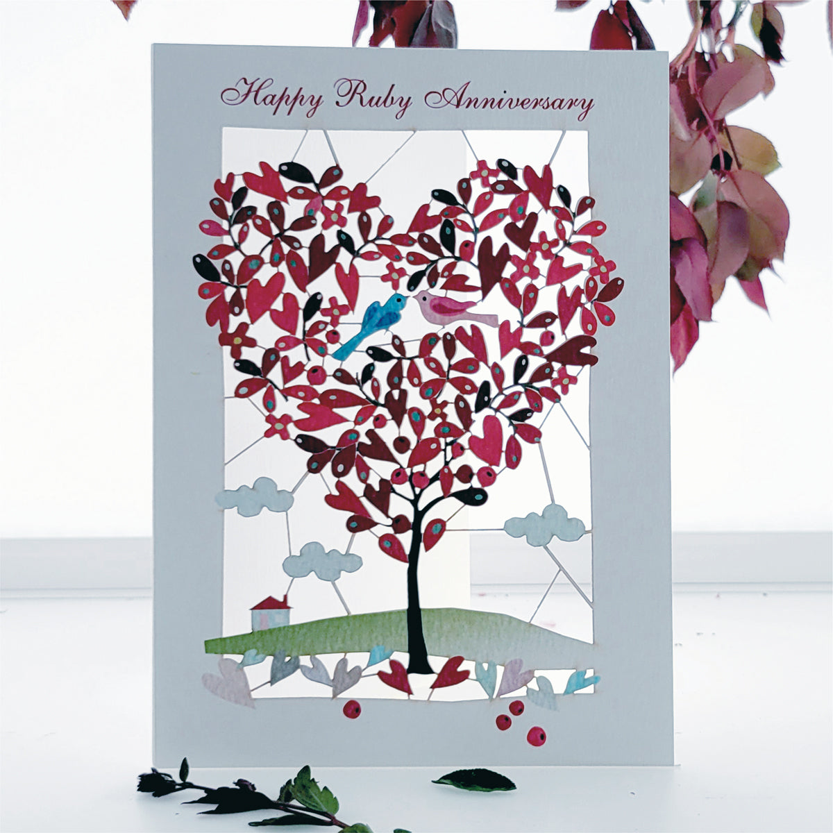''Happy Ruby Anniversary'' - Love Birds in Tree - 40th Anniversary Card, #PM-110
