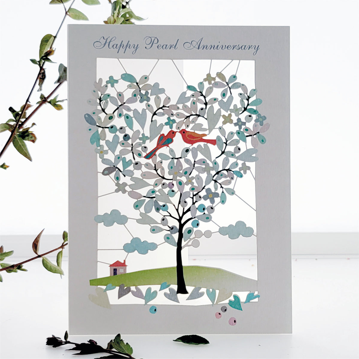 ''Happy Pearl Anniversary'' - Love Birds in Tree - 30th Anniversary Card, #PM-111