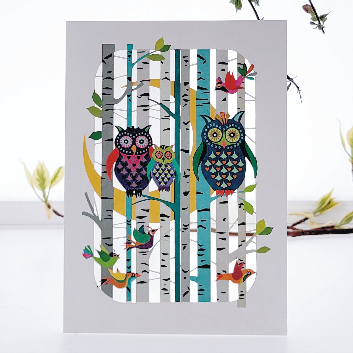 Owl Family on the Moon - Blank - Bird Card - PM201