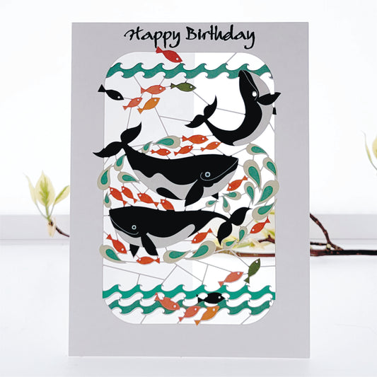 Whales and Fish - ''Happy Birthday'' - Orca Card - Birthday Card - PM228