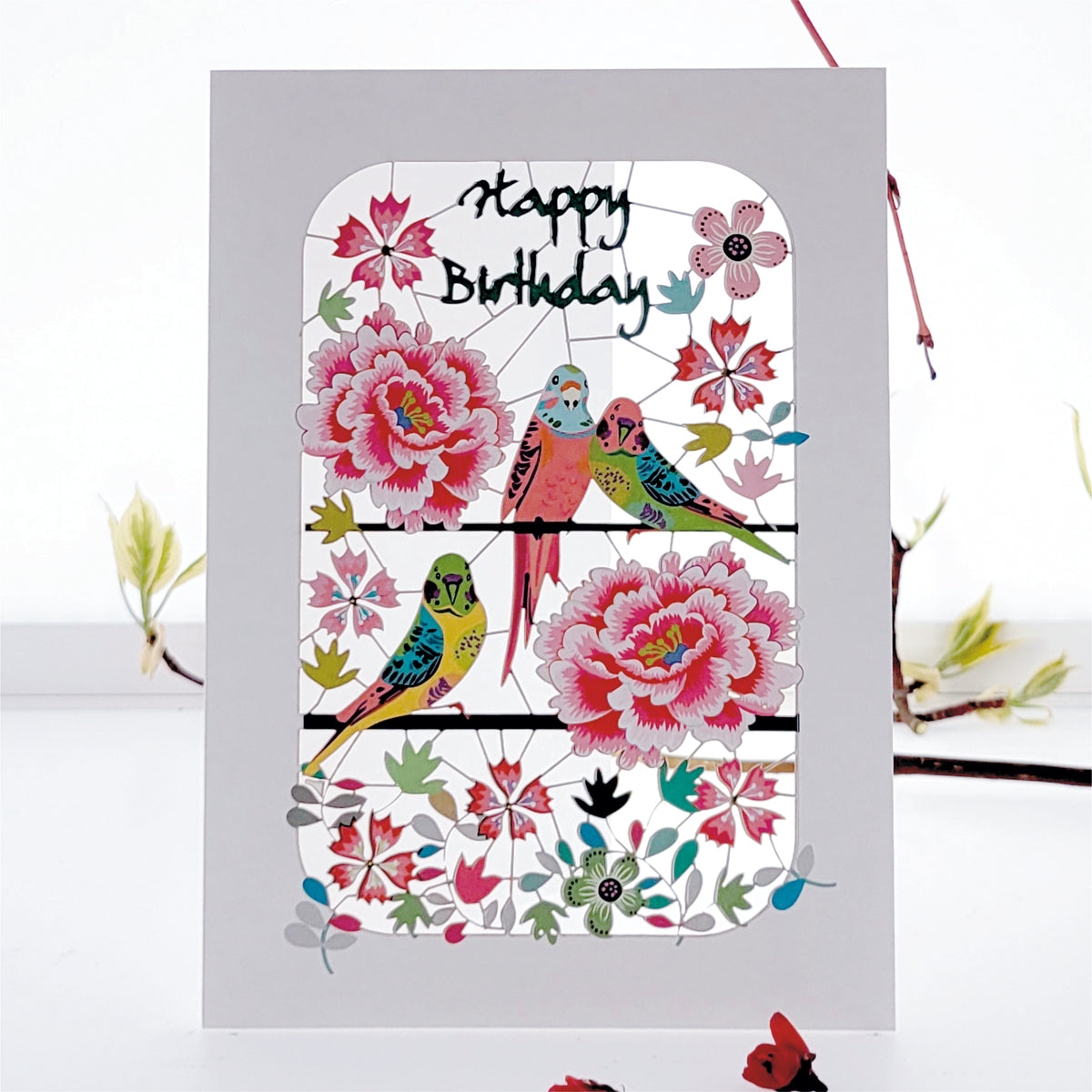Budgies & Peonies - ''Happy Birthday'' - Birthday Card - PM252