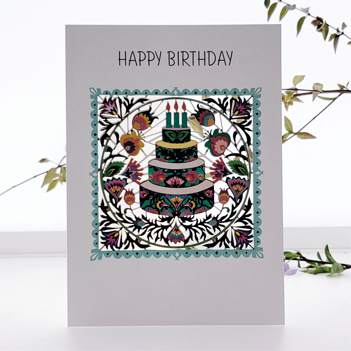 Birthday Cake & Flowers - ''Happy Birthday'' - Birthday Card - PM528