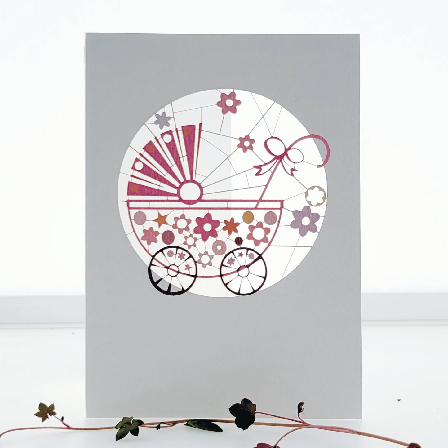 ''New Baby'' Card, Pink Pram - Blank Card - PM697