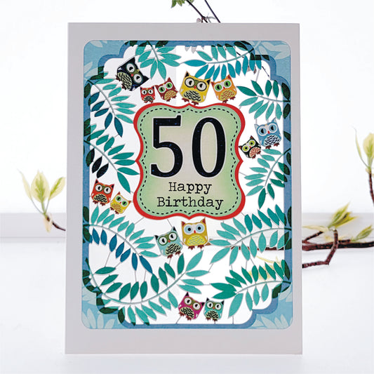 Age 50 Birthday Card, 50th Birthday Card,  Owls Card - Pm836