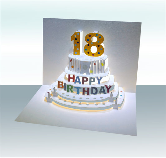 Age 18 Birthday Card - White - 18th Birthday Card, Cake Birthday Card, Pop Up Card. #POP-005 (AGE18)