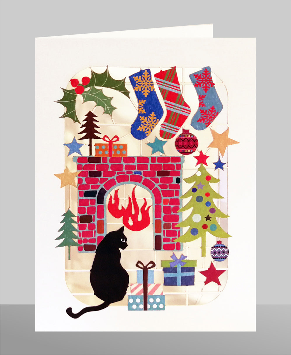 Christmas Cat by the Fire - Christmas Card - Blank - #XP-043