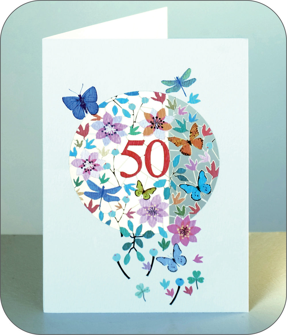 Age 50 Birthday Card, 50th Birthday Card,  Butterflies & Dragonflies Card - F050