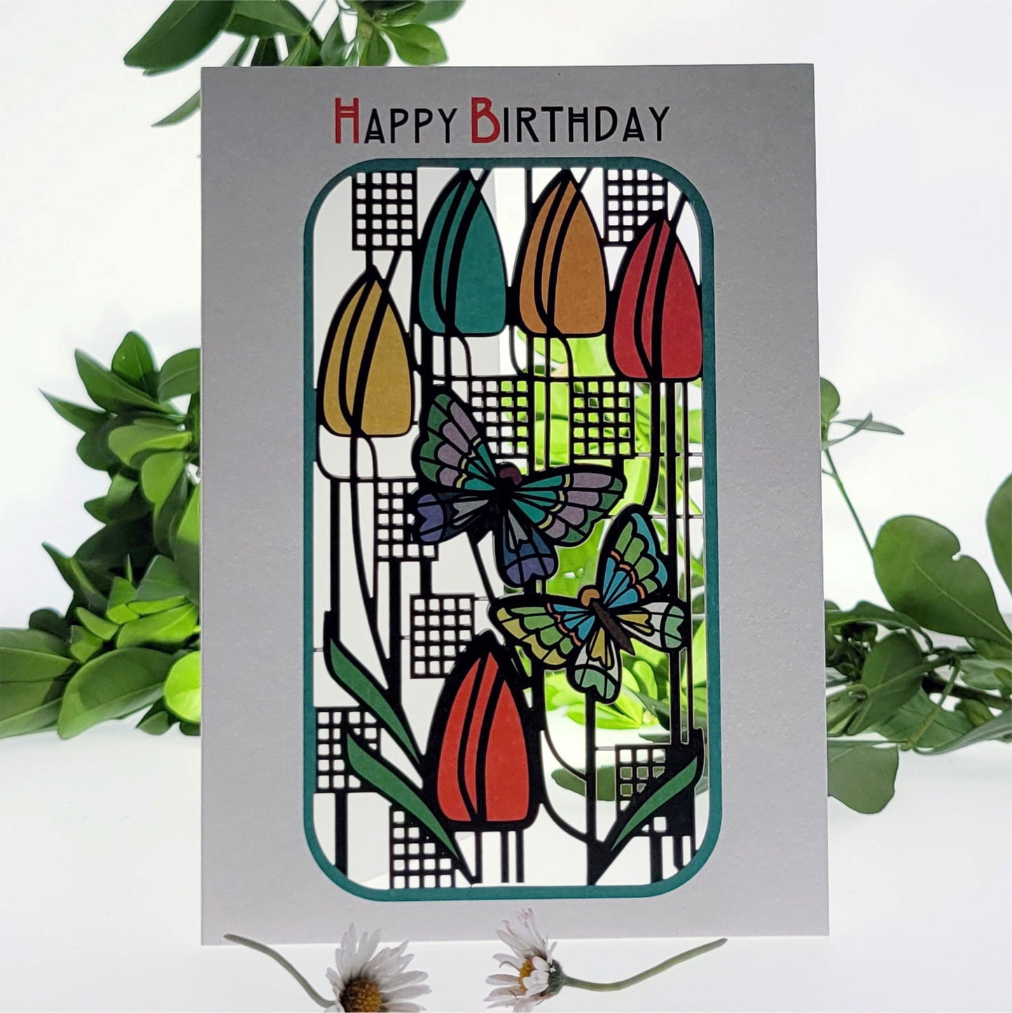 Tulip & Butterflies Card - ''Happy Birthday'' - Charles Rennie Mackintosh Style Card - Happy Birthday #MC014