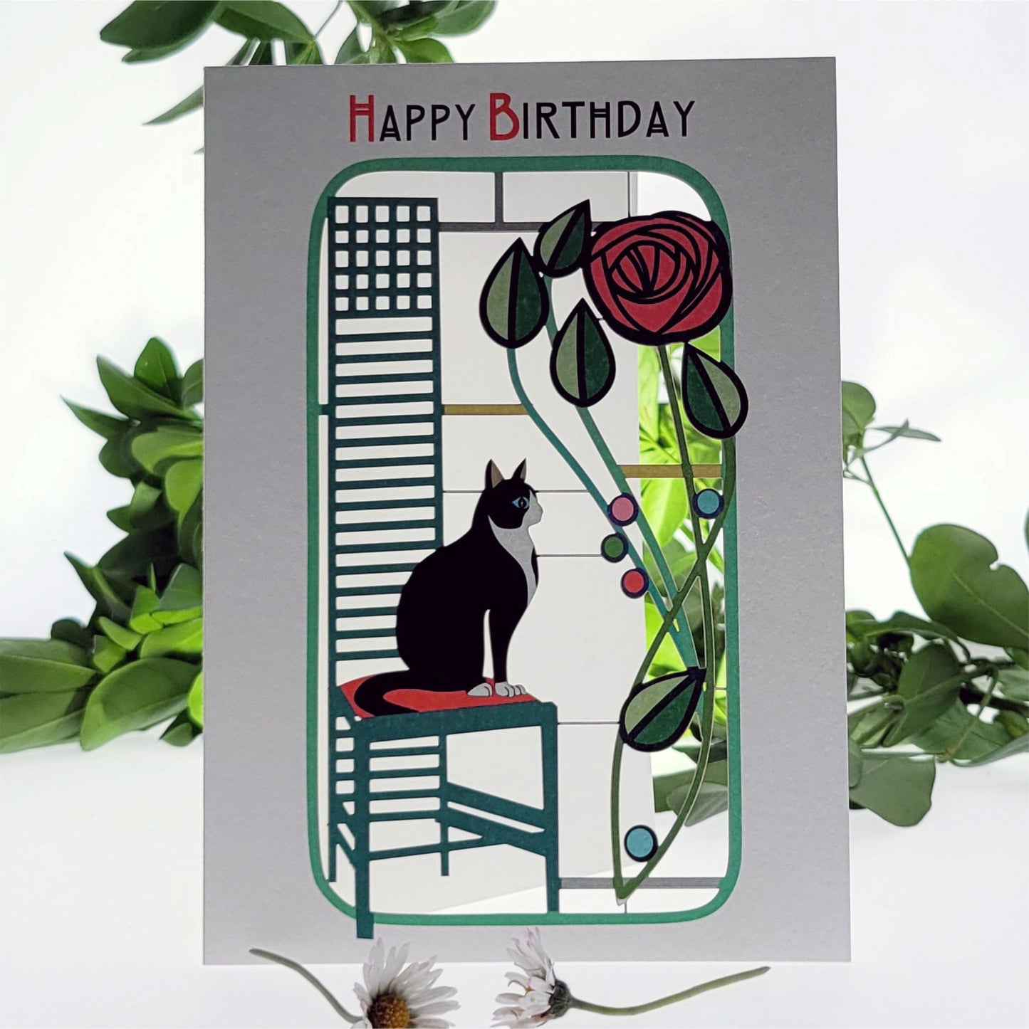 Cat & Rose - ''Happy Birthday'' - Charles Rennie Mackintosh Style Card - #MC015