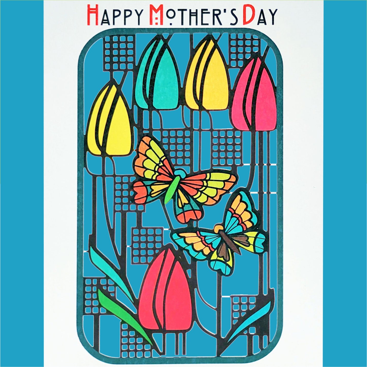 Tulips & Butterflies - ''Happy Mothers Day'' - Mother's Day Card  - Charles Rennie Mackintosh Style -PMM 023