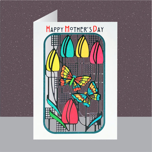 Tulips & Butterflies - ''Happy Mothers Day'' - Mother's Day Card  - Charles Rennie Mackintosh Style -PMM 023