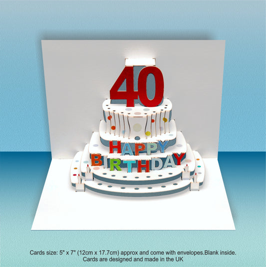 Age 40 Birthday Card - White - 40th Birthday Card, Cake Birthday Card, Pop Up Card. #POP-046 (AGE40)