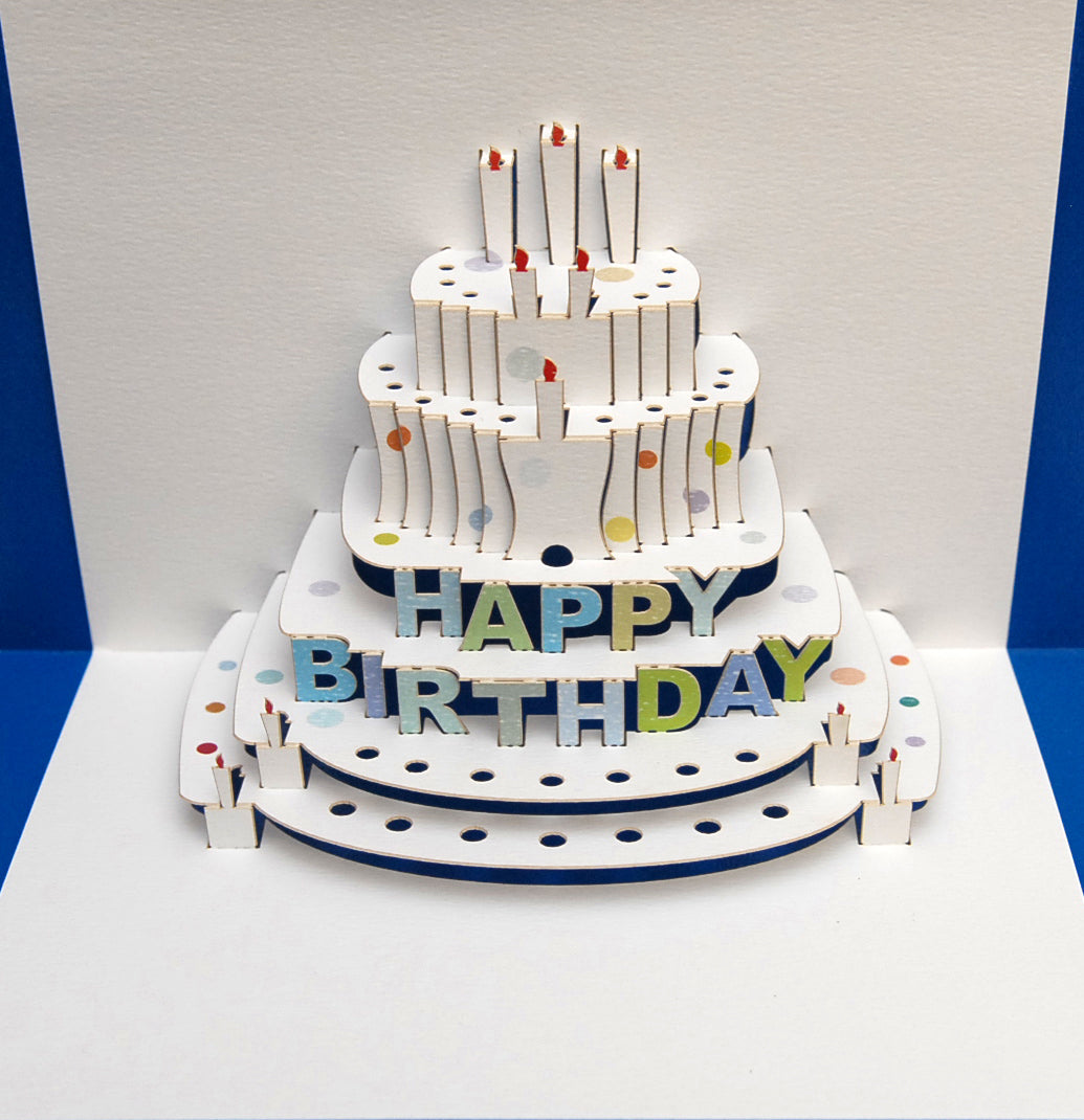 Pop Up - ''Happy Birthday'' - Birthday Cake - Blue - 3d Card, Birthday Card, Pop Up Card. #POP-019