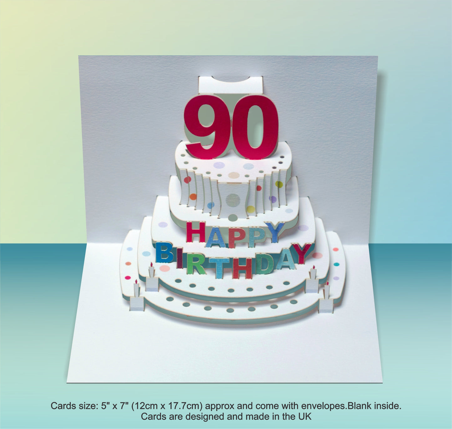 Age 90 Birthday Card - White - 90th Birthday Card, Cake Birthday Card, Pop Up Card. #POP-052 (AGE90)