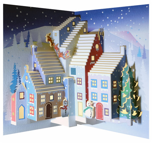 Santa and Snowmen- Christmas Houses - Christmas Card - 3d Card, Pop Up Card - Blank - #POP-111